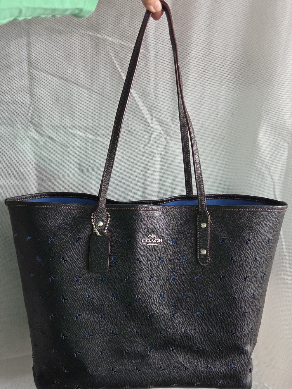 Coach Black Leather Perforated Butterfly Tote with Blue Interior